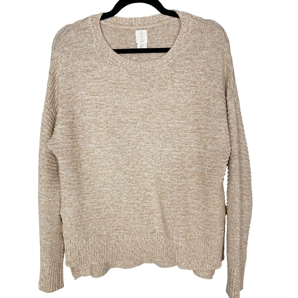 Joie Womens Small S Tan White Side Button Marled Sweater Crew Neck Cotton Blend